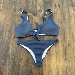 Cupshe Women Dusty Blue Textured Ribbed Two Piece Bikini with Tie Front Size Med